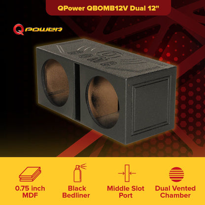 QPower QBOMB12V Dual 12" Vented Ported Subwoofer Sub Box with Bedliner Spray - Find Fresh Goods