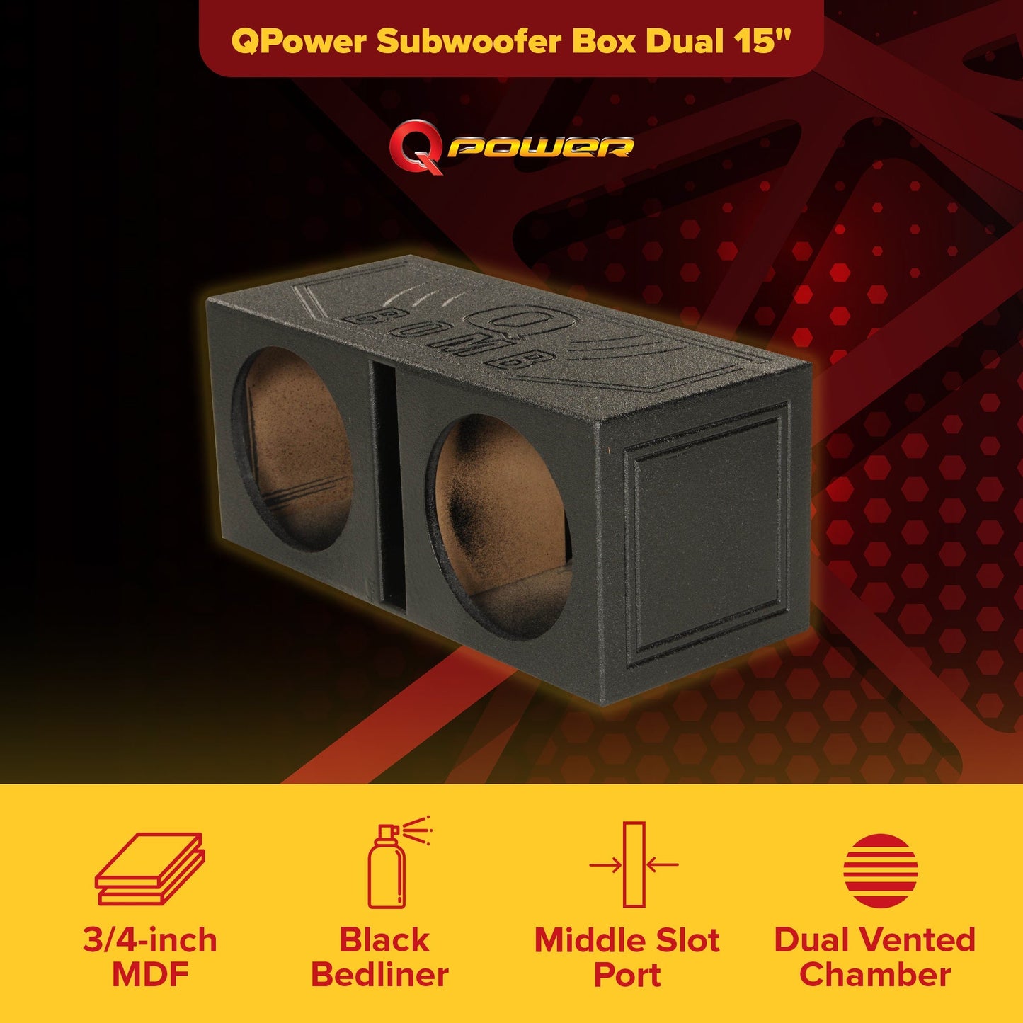 Q Power QBOMB15V Dual 15" Vented Port Subwoofer Sub Box w/ Bedliner Spray - Find Fresh Goods