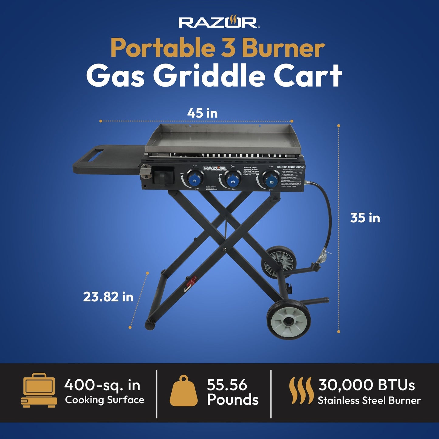 Razor Griddle Portable 3 Burner 30K BTU Gas Grill & Griddle Cart with Side Shelf