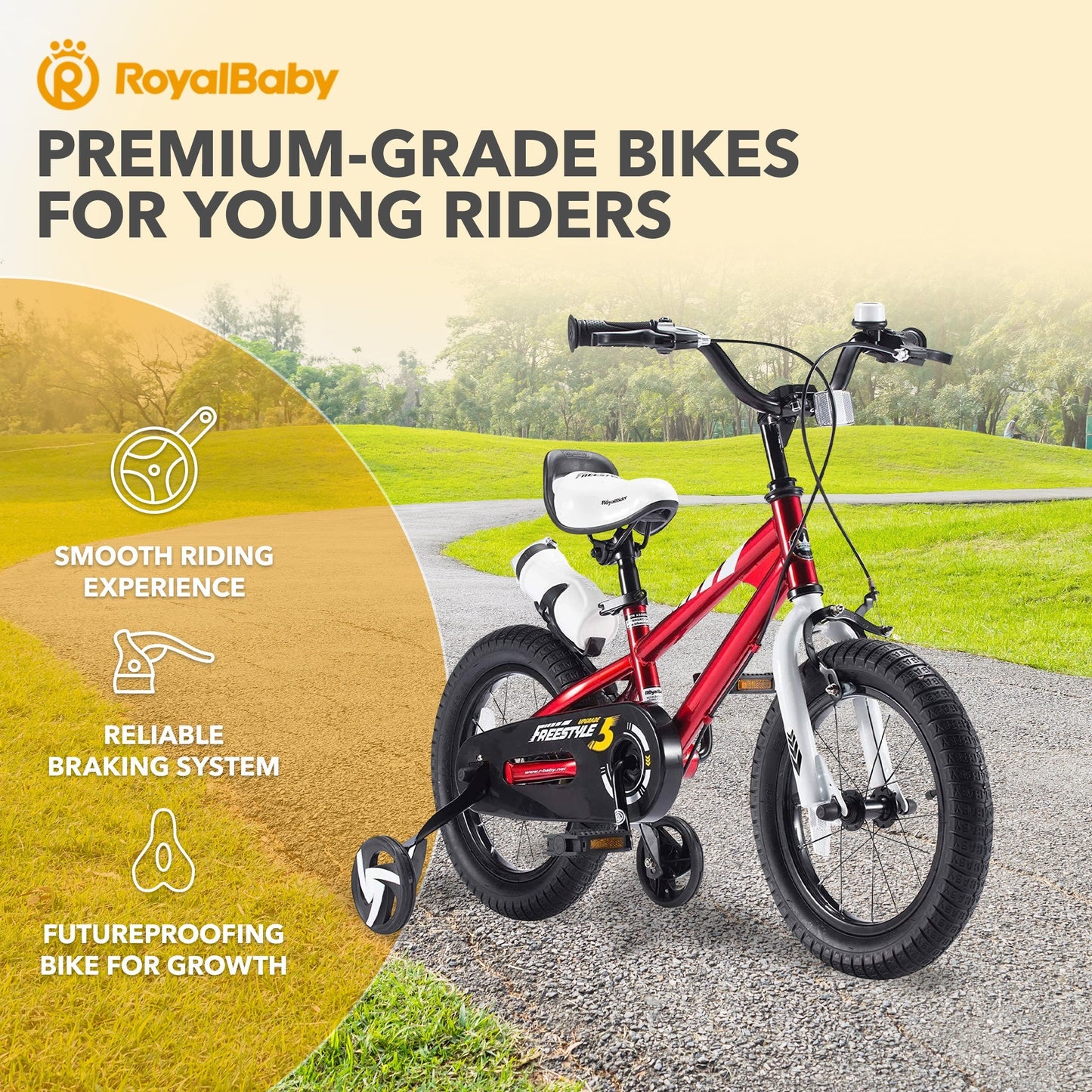 RoyalBaby Freestyle Outdoor Kid's Bicycle with Training Wheels, 16 Inch, Red