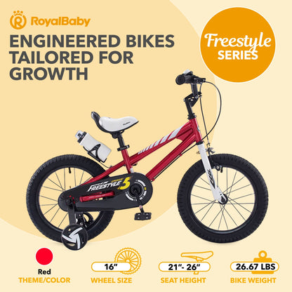 RoyalBaby Freestyle Outdoor Kid's Bicycle with Training Wheels, 16 Inch, Red