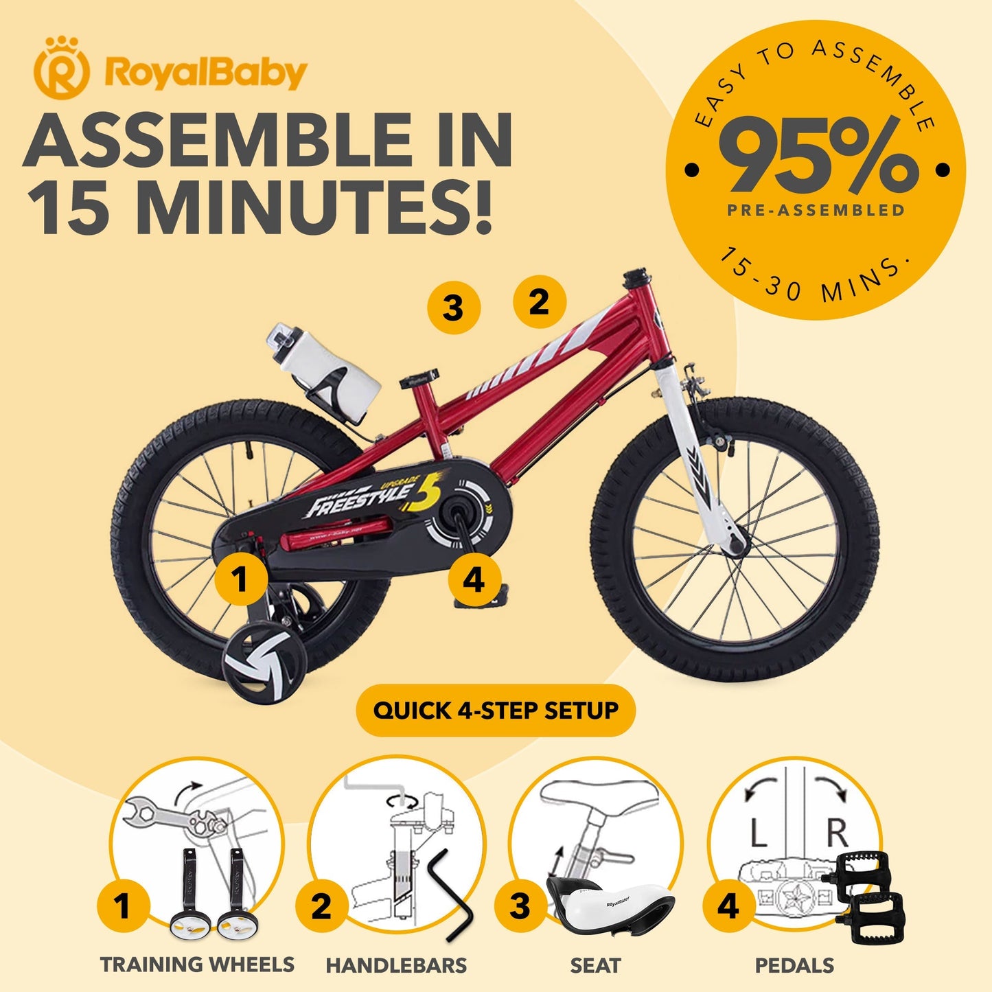 RoyalBaby Freestyle Outdoor Kid's Bicycle with Training Wheels, 16 Inch, Red