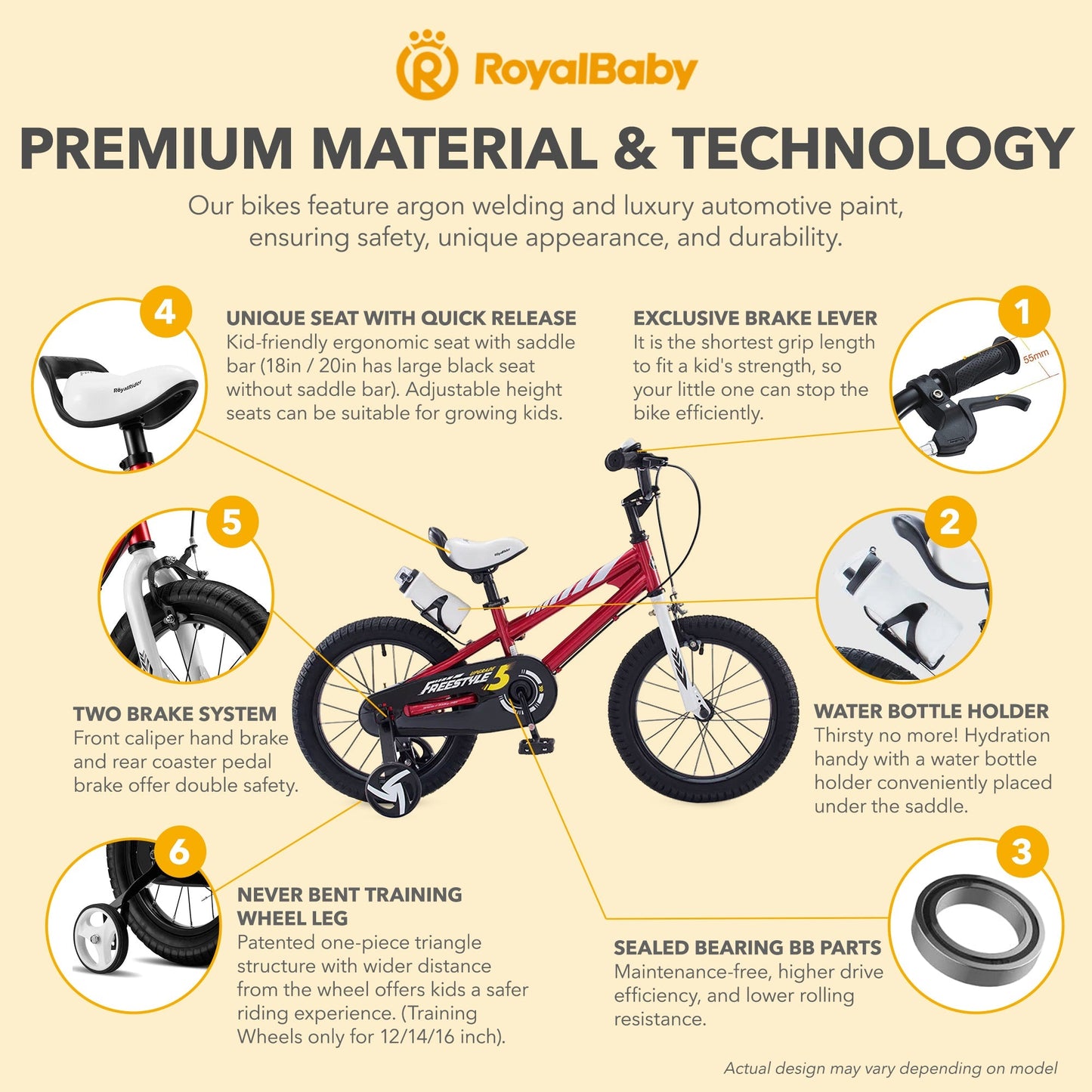 RoyalBaby Freestyle Outdoor Kid's Bicycle with Training Wheels, 16 Inch, Red