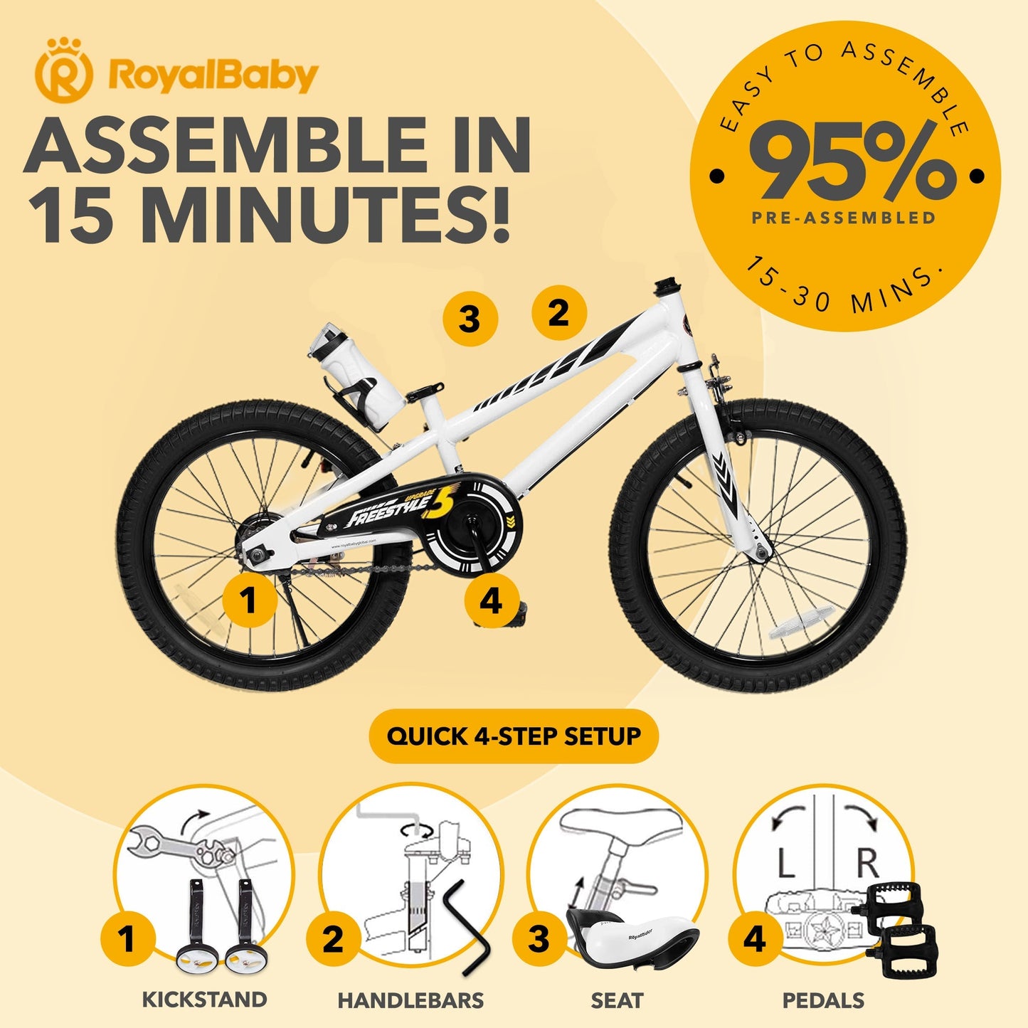 RoyalBaby Freestyle Outdoor Kid's Sporty Bicycle with Kickstand, 18 Inch, White