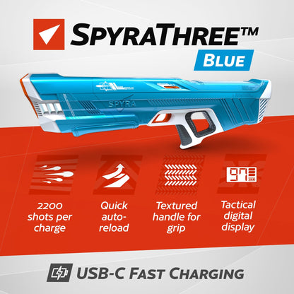 SPYRA Electric Water Blaster Outdoor Squirt Gun for Pool Games, SpyraThree, Blue