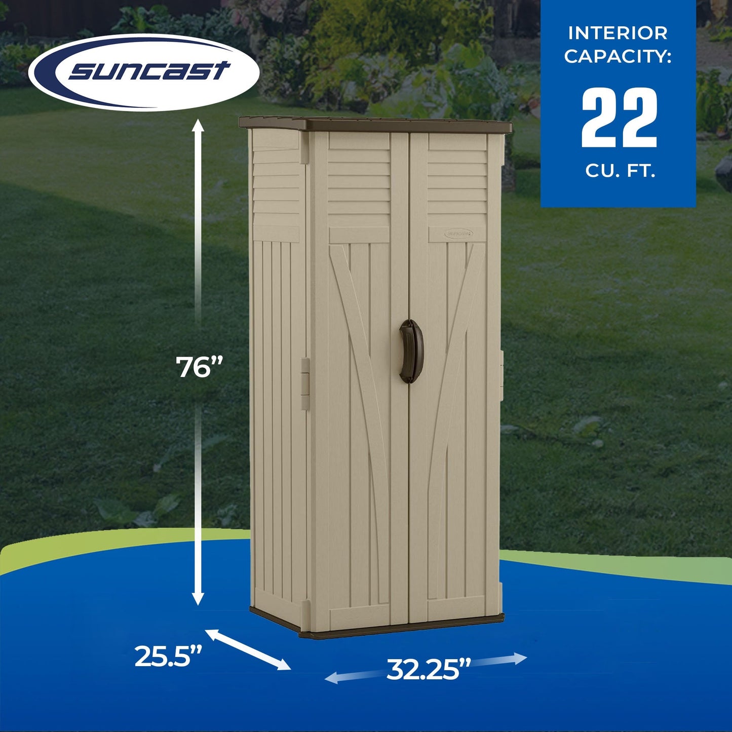 Suncast 22 Cubic Feet All-Weather Vertical Tall Outdoor Storage Shed, Brown