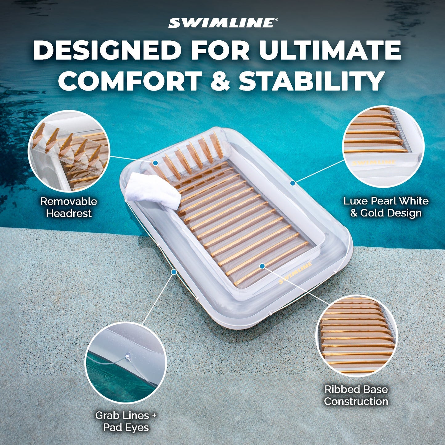 Swimline Luxe Edition Inflatable Suntan Tub Floating Pool Lounger, White & Gold