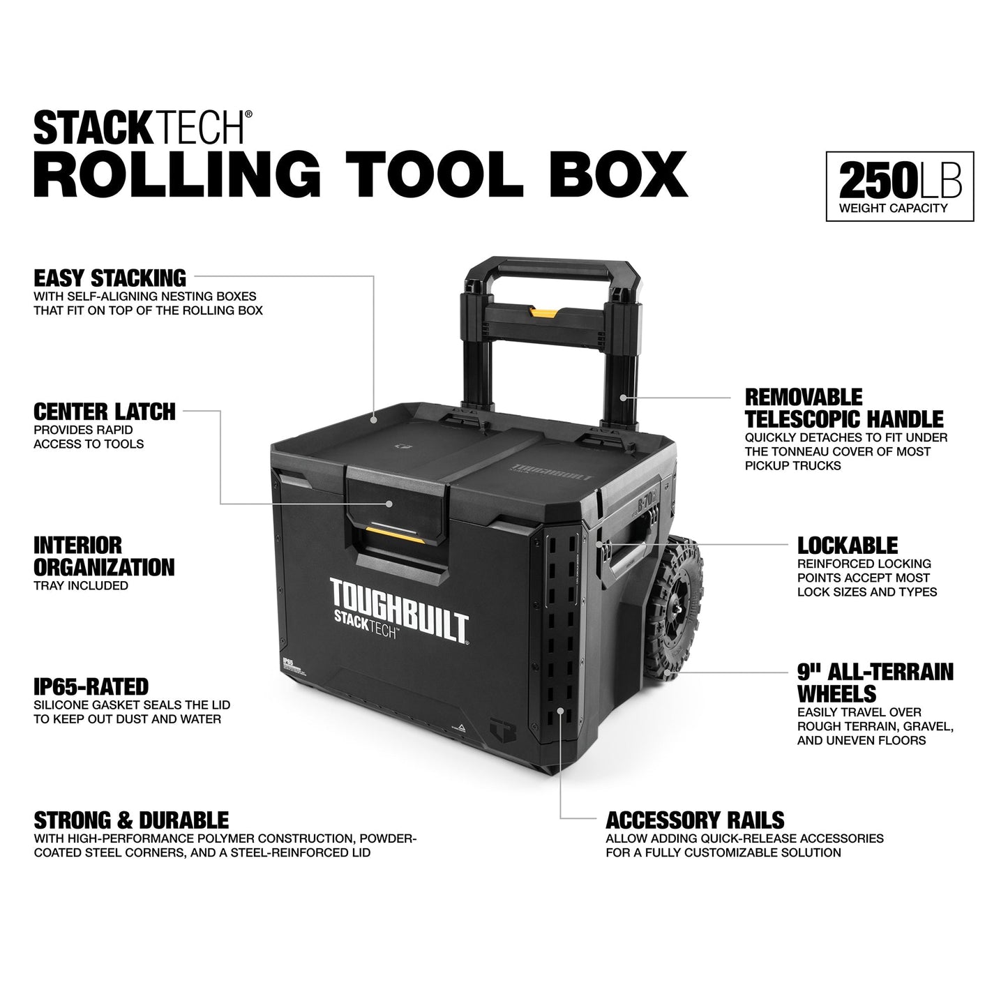 ToughBuilt Portable 2-in-1 Rolling Tool Box, Wheels & Stackable Design, Black