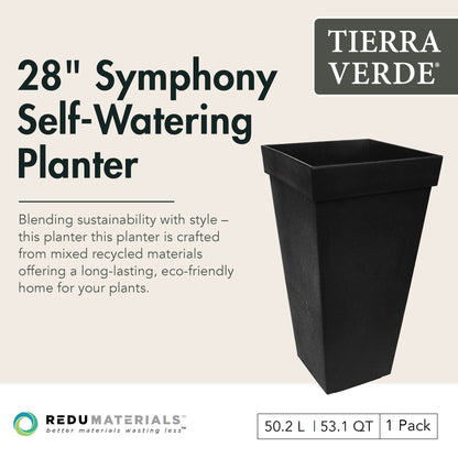 Tierra Verde Symphony Self Watering Square Planter, 15"W x 28"H, Black