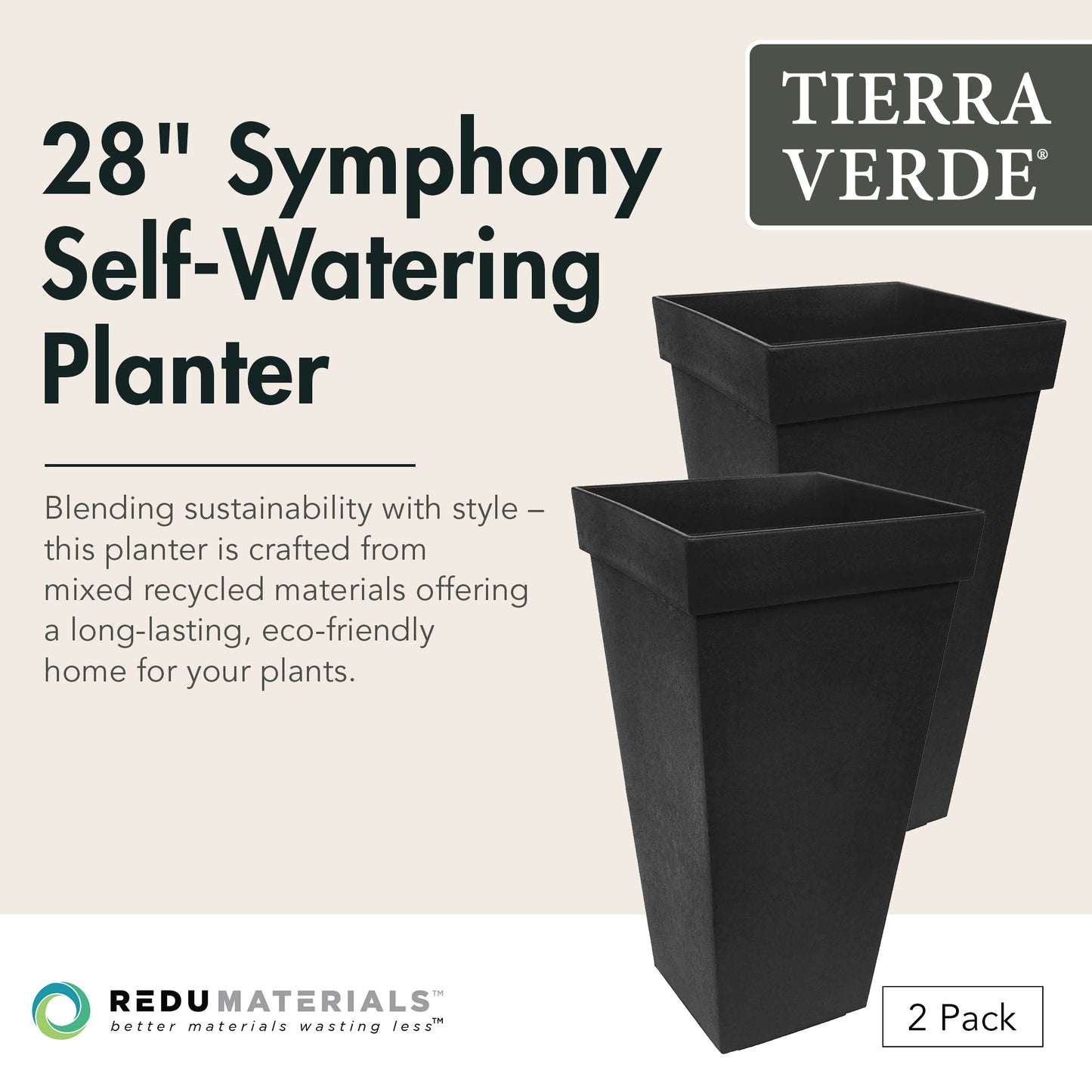 Tierra Verde 2 Pack Indoor Outdoor Self Watering Planter, Symphony, 15"W x 28"H