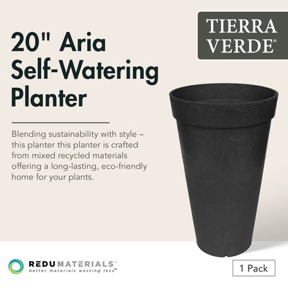 Tierra Verde Aria Indoor Outdoor Self Watering Planter, 12.5"W x 20"H, Black