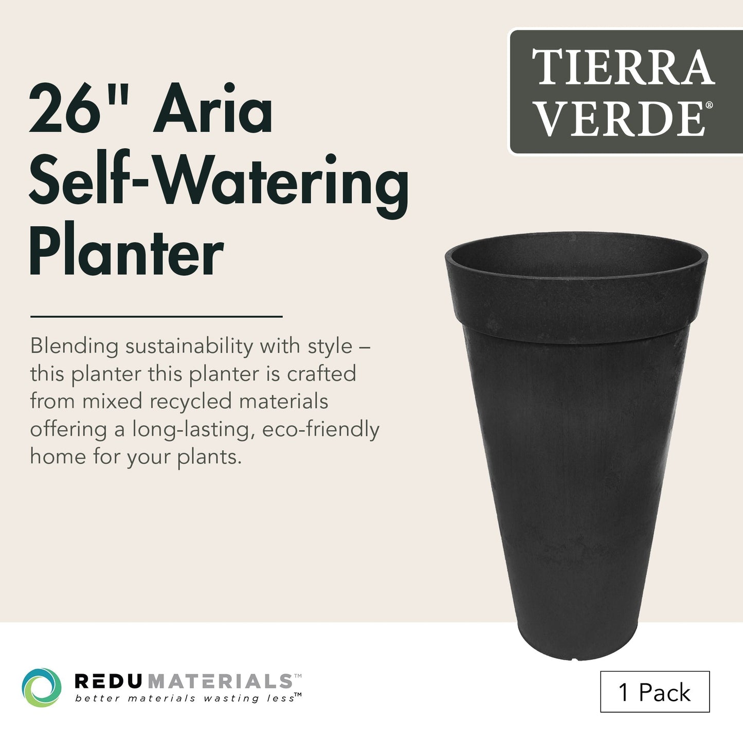 Tierra Verde Aria Indoor Outdoor Self Watering Tall Planter, 15"W x 26"H, Black
