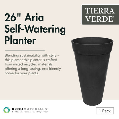 Tierra Verde Aria Indoor Outdoor Self Watering Tall Planter, 15"W x 26"H, Black