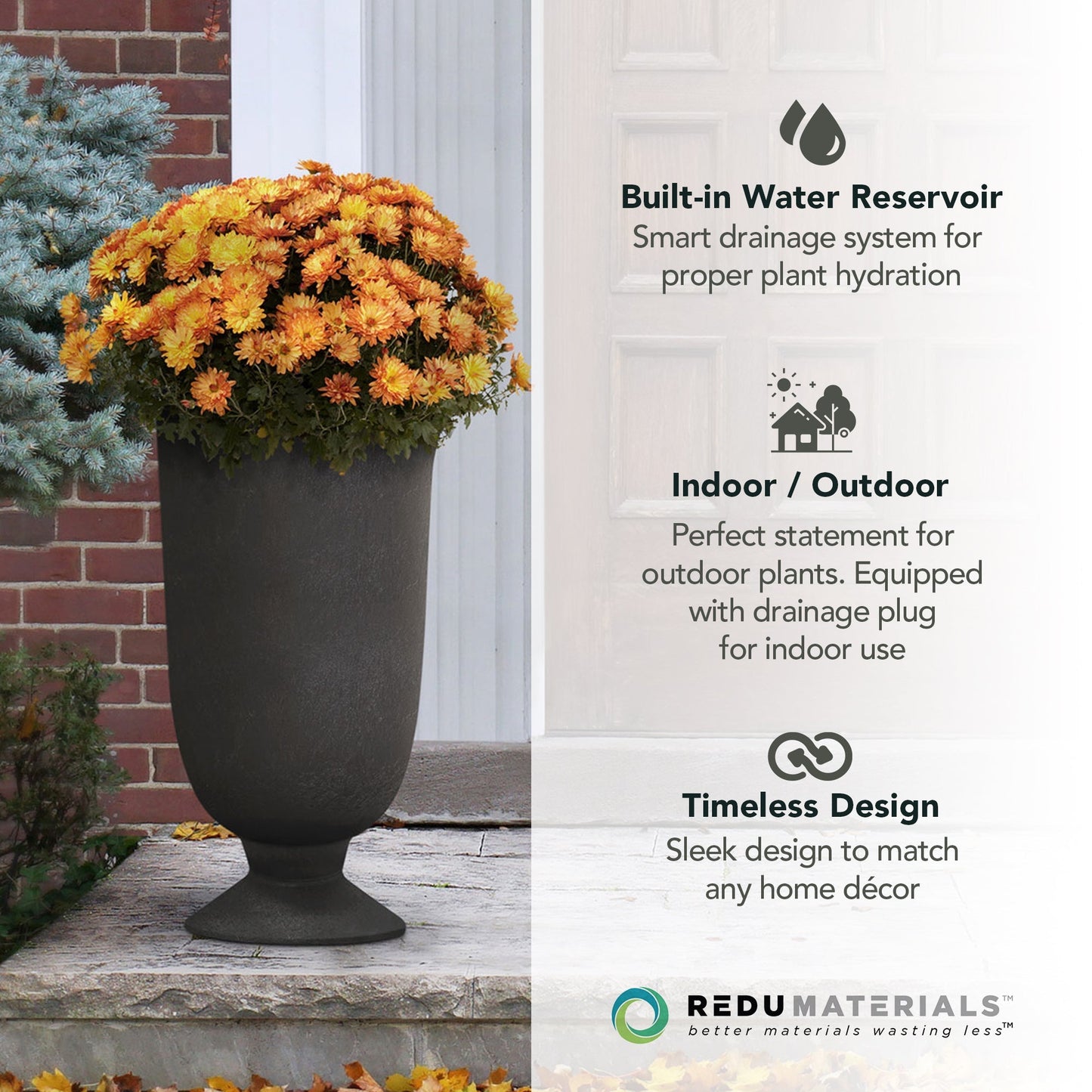 Tierra Verde Cadence Indoor Outdoor Self Watering Urn Planter, 14"W x 23"H Black