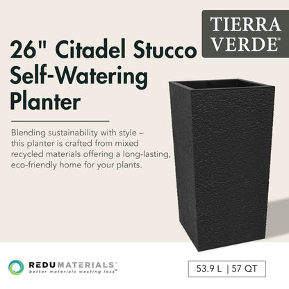 Tierra Verde Citadel Stucco Self Watering Square Planter, 13.5"W x 26"H, Black