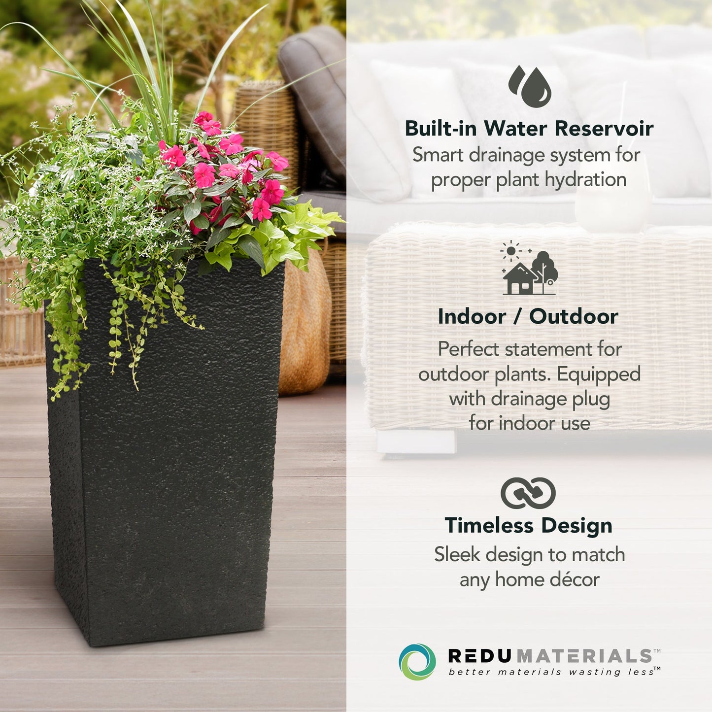 Tierra Verde Citadel Stucco Self Watering Square Planter, 13.5"W x 26"H, Black