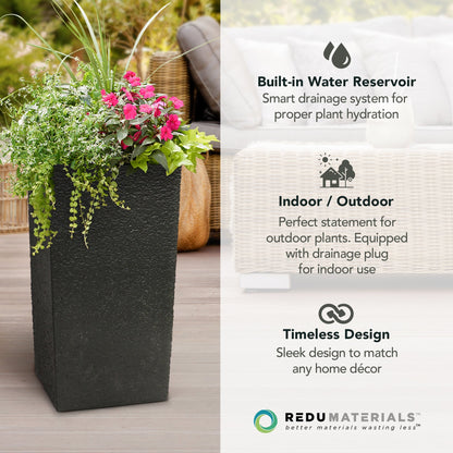 Tierra Verde Citadel Stucco Self Watering Square Planter, 13.5"W x 26"H, Black