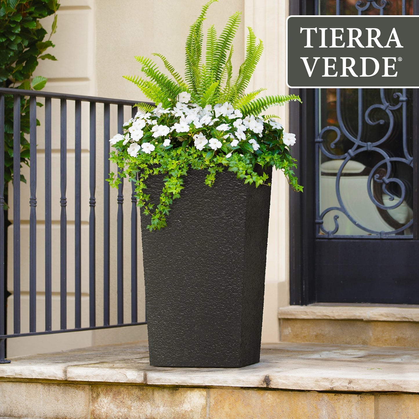 Tierra Verde Citadel Stucco Self Watering Square Planter, 13.5"W x 26"H, Black