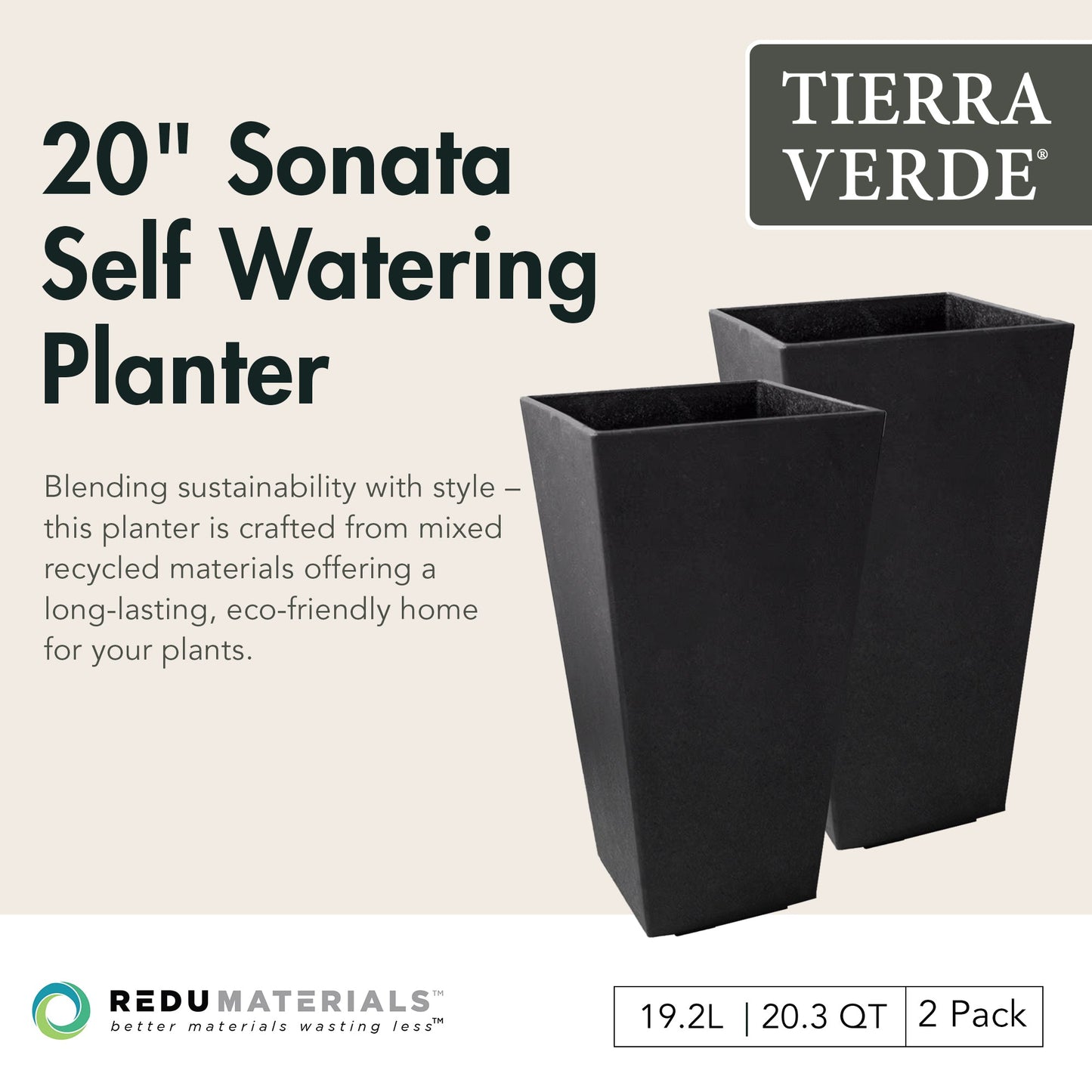 Tierra Verde 2 Pack Indoor Outdoor 20 Inch Self Watering Planters, Sonata, Black