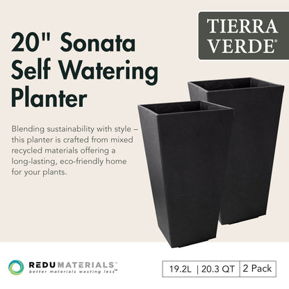 Tierra Verde 2 Pack Indoor Outdoor 20 Inch Self Watering Planters, Sonata, Black