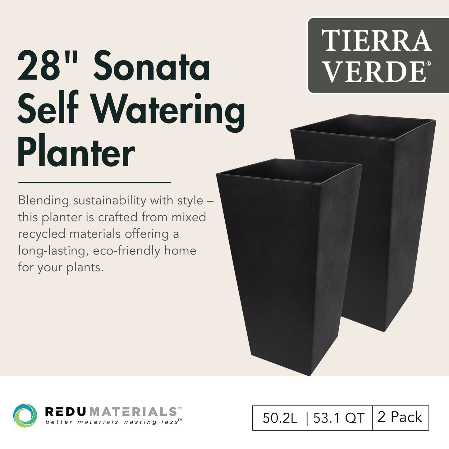 Tierra Verde 2 Pack Indoor Outdoor 28 Inch Self Watering Planters, Sonata, Black