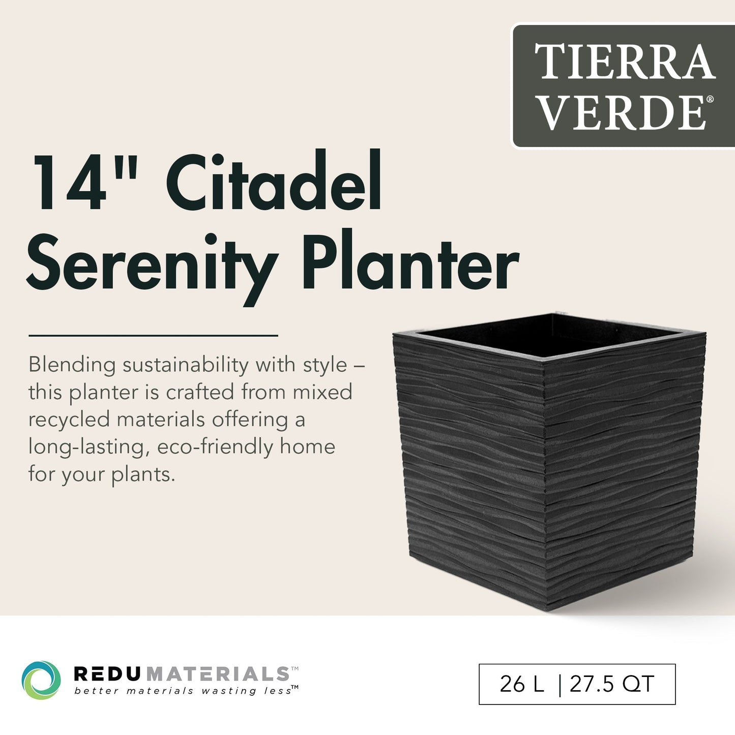 Tierra Verde 14" Citadel Serenity Outdoor Planter, Self Watering Design, Black
