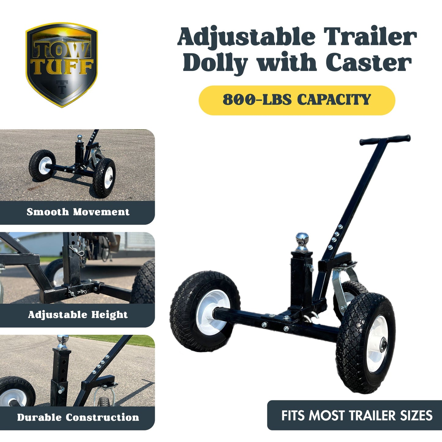 Tow Tuff TMD-800C Adjustable Solid Steel 800lb Capacity Trailer Dolly w/Caster - Find Fresh Goods