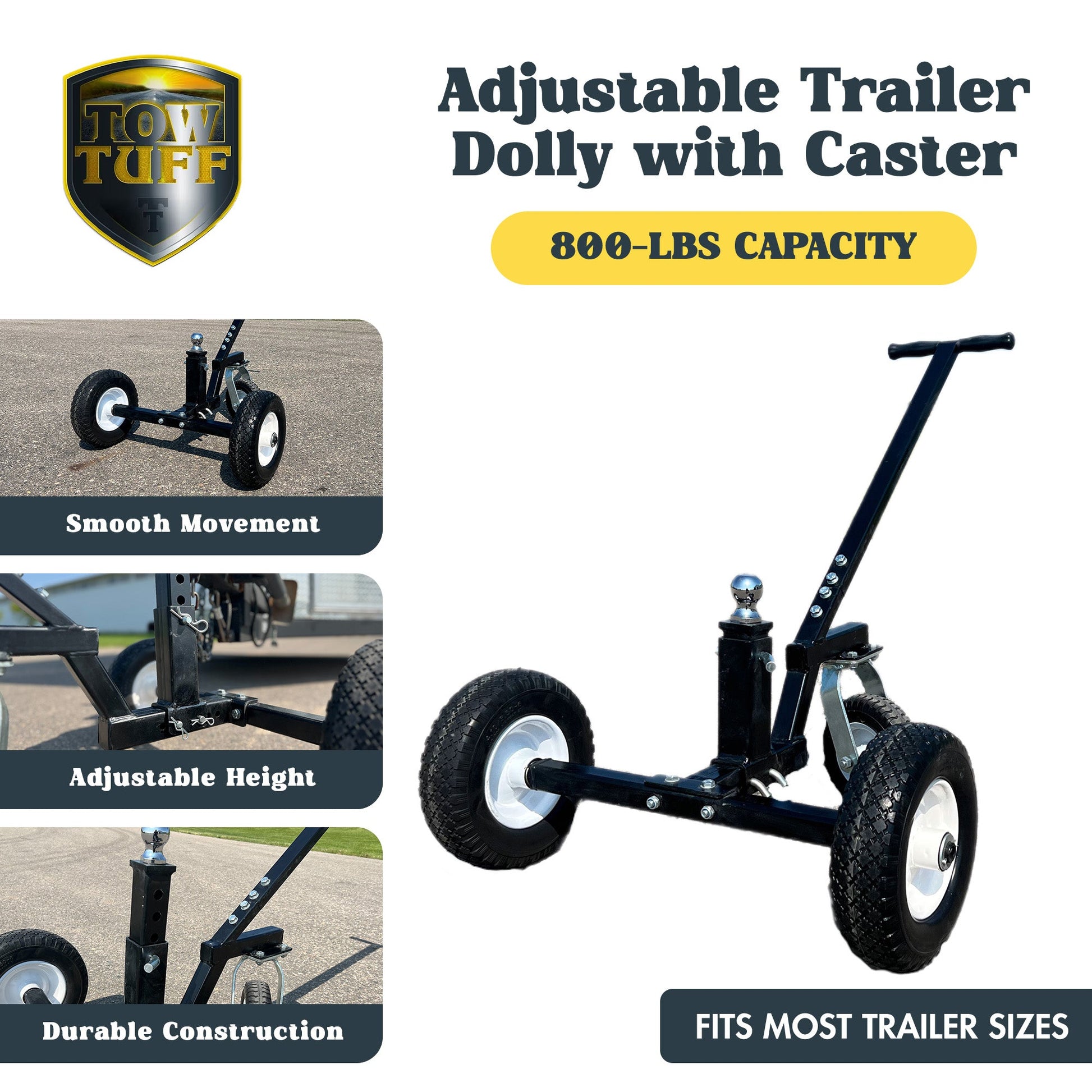 Tow Tuff TMD-800C Adjustable Solid Steel 800lb Capacity Trailer Dolly w/Caster - Find Fresh Goods
