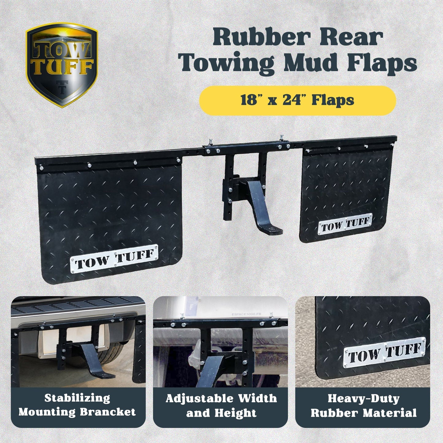Tow Tuff 2418AMF 18" x 24" Universal Hitch Mount Rubber Rear Towing Mud Flaps - Find Fresh Goods
