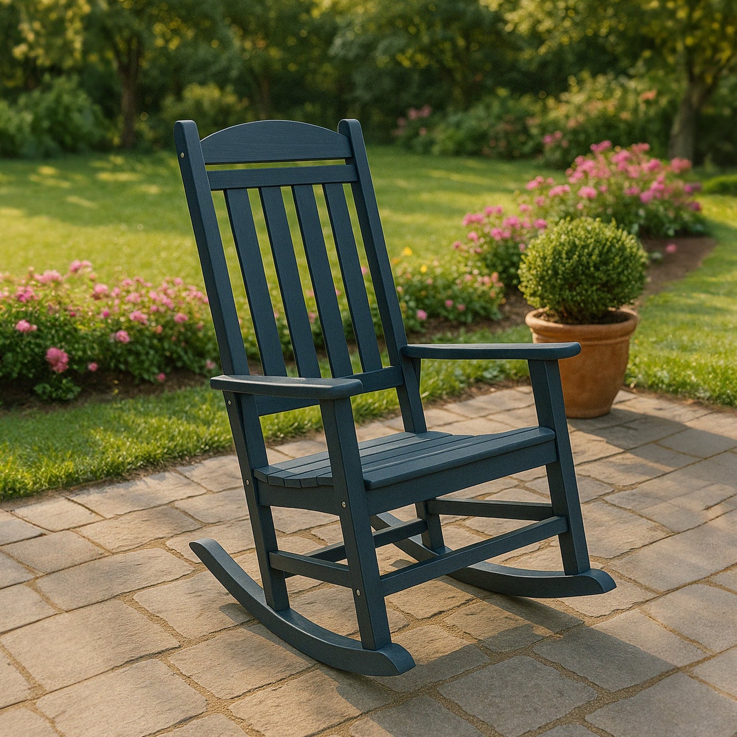 Trapper’s Peak Outdoor Rocking Chair Poly Lumber Grain, Steel Frame, Dark Blue