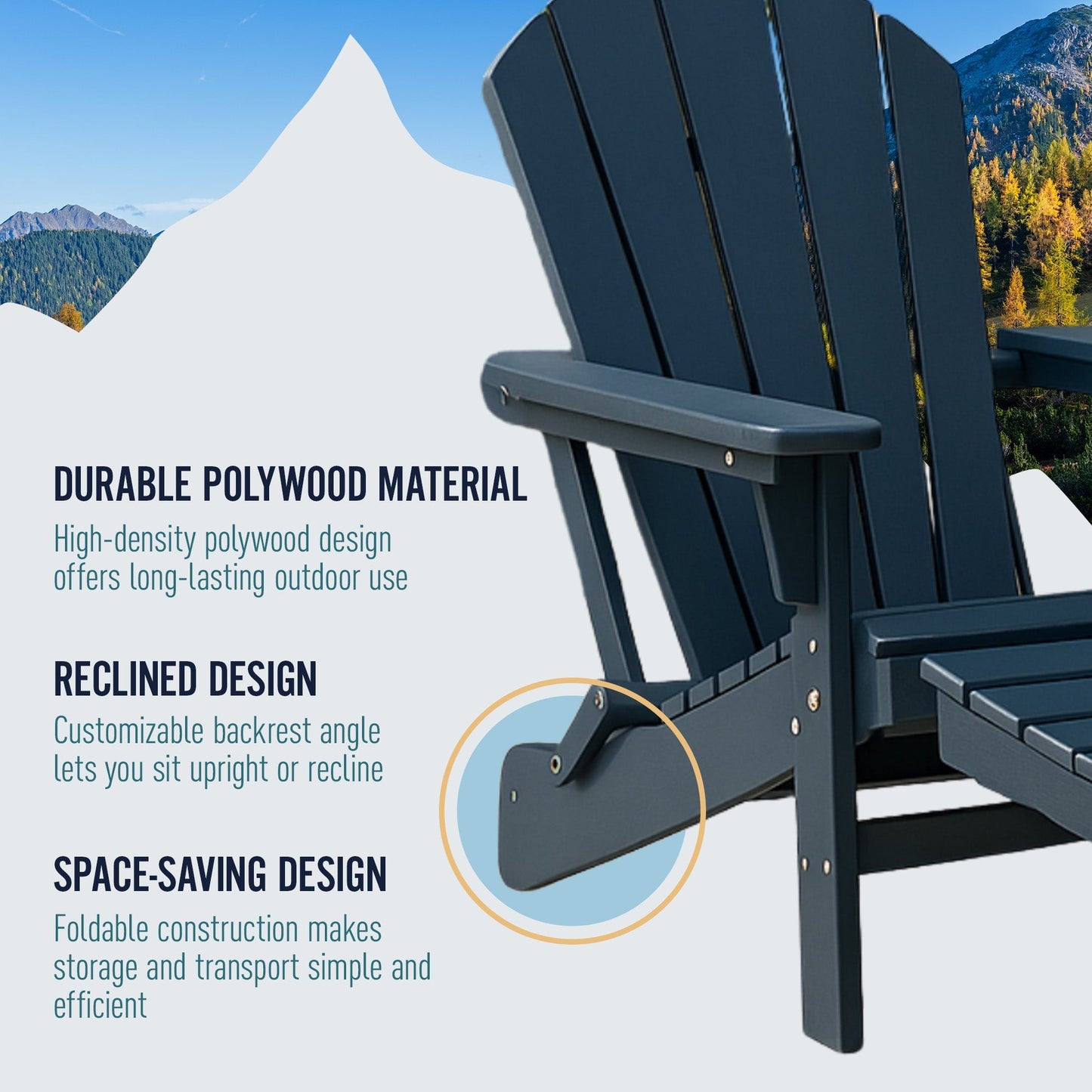 Trapper’s Peak Adjustable Folding Adirondack Chair, Footrest and Backrest, Blue