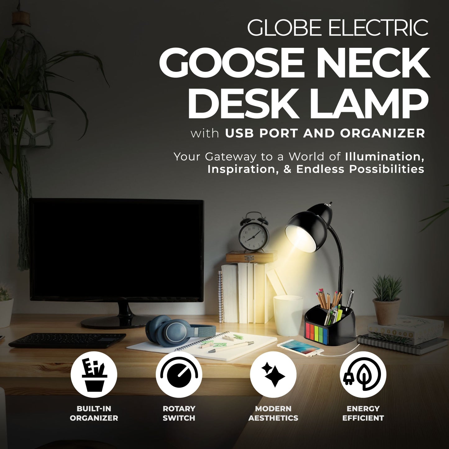 Globe Electric LED Integrated Goose Neck Desk Lamp with USB Port and Organizer