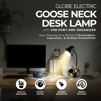 Globe Electric LED Integrated Goose Neck Desk Lamp with USB Port and Organizer