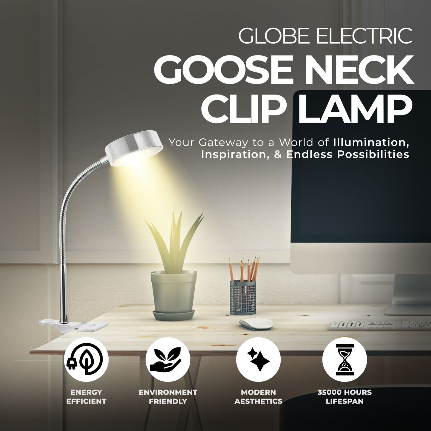 Globe Electric 8.46" 5W 250 Lumens LED Integrated Goose Neck Clip Lamp, White
