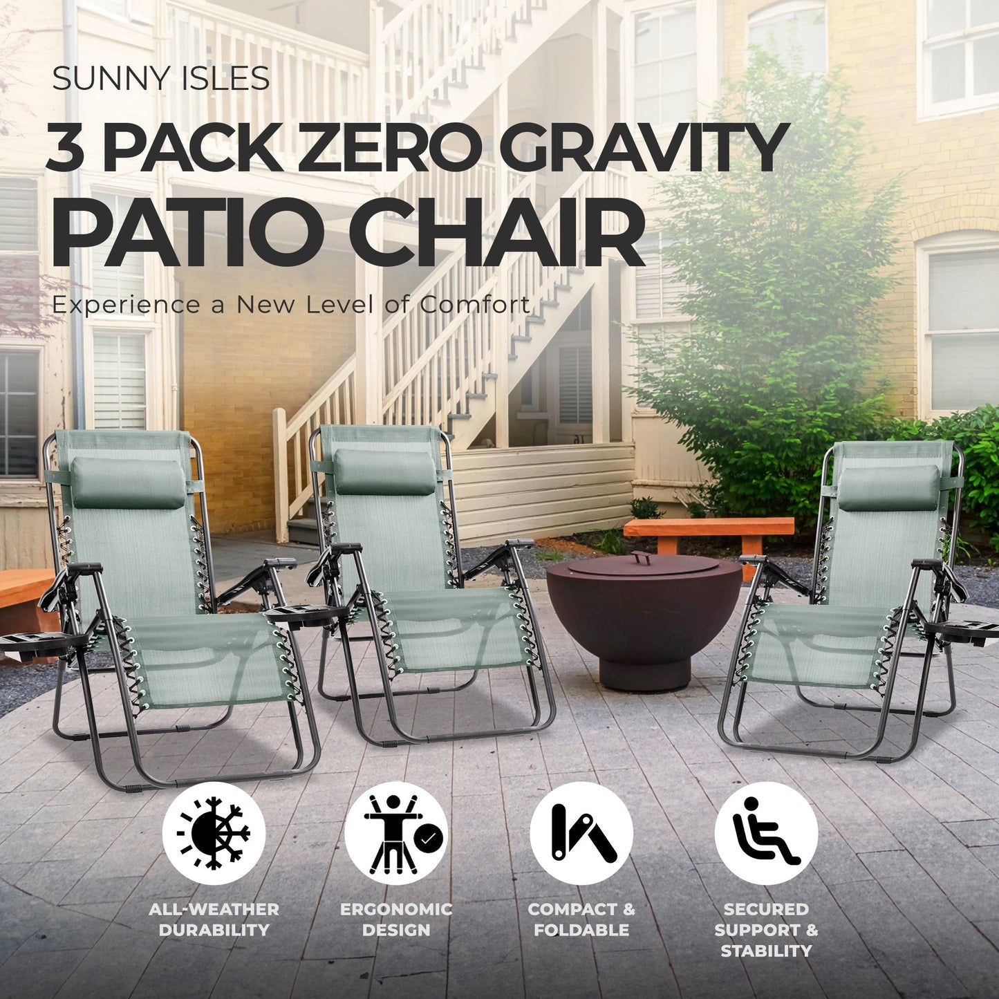 Four Seasons Courtyard Sunny Isles XL Steel Zero Gravity Chair, Green (3 Pack)