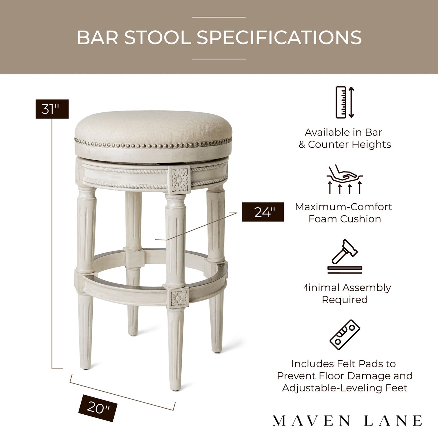 Maven Lane Pullman Backless Bar Stool in White Oak Finish w/ Natural Color Fabric Upholstery, Set of 3