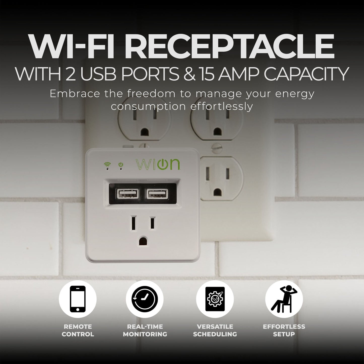 Wion 15 Amp Grounded Outlet WiFi Receptacle and 2 USB Ports, On/Off Settings