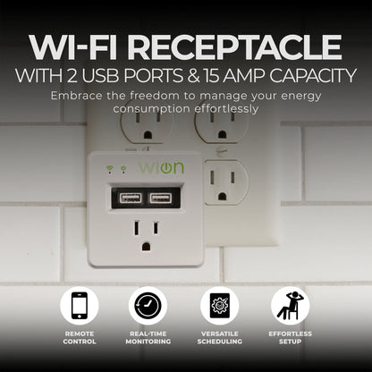 Wion 15 Amp Grounded Outlet WiFi Receptacle and 2 USB Ports, On/Off Settings